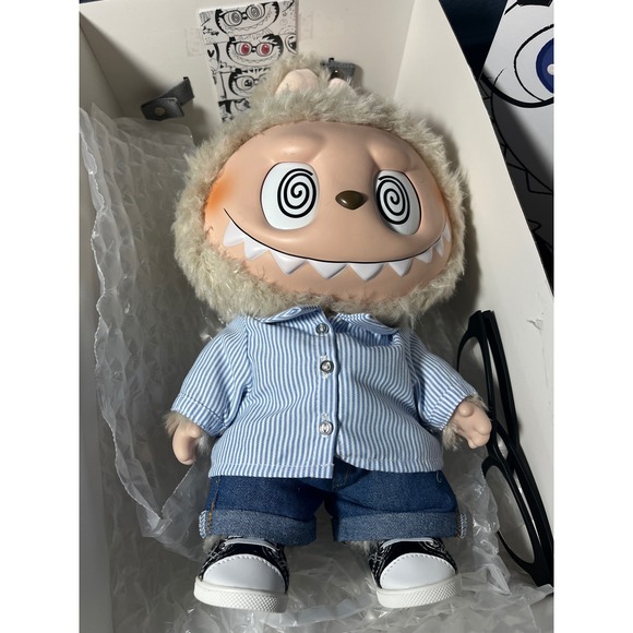 POP MART The Monsters Play With Me Figure Doll Blue‎ Stripe Shirt Denim Shorts